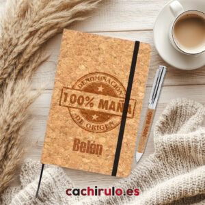 Bloc de notas de corcho personalizado “100% Maño/Maña” + bolígrafo a juego | Grabado láser premium